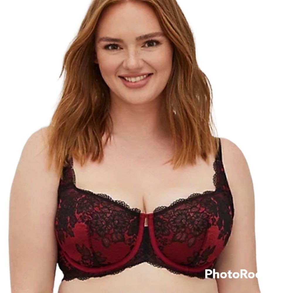 40D Torrid Balconette Bra Red Black Lace Lingerie Boudior Pinup Sheer Wire Retro